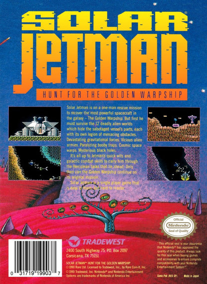 Solar Jetman Nintendo Entertainment System NES video game featuring space exploration gameplay planetary environments spacecraft navigation treasure hunting gravity based movement challenging caves and classic 8 bit action adventure retro video game collection collectible gaming appeal back cover art