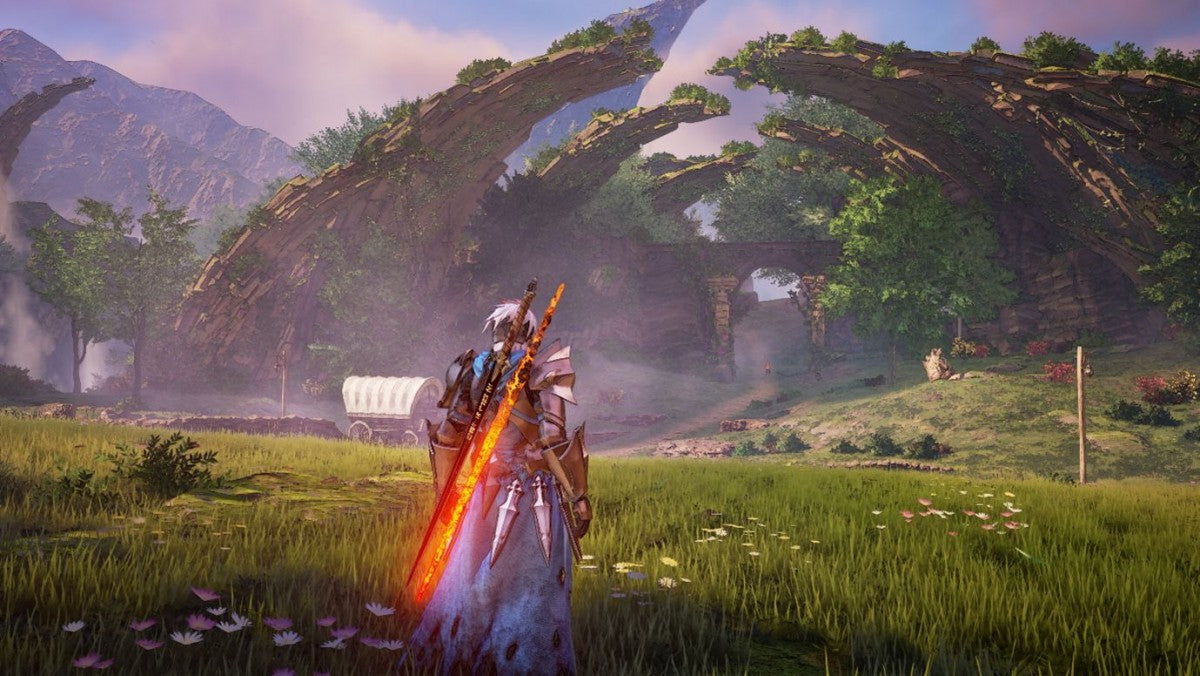 Tales of Arise for PlayStation 4 (PS4) featuring a stylish action JRPG where two warriors from rival worlds unite to overthrow oppressive rulers; fight with fast, flashy combo-based combat, explore vibrant landscapes, and experience a character-driven story about freedom, identity, and sacrifice gameplay screenshot