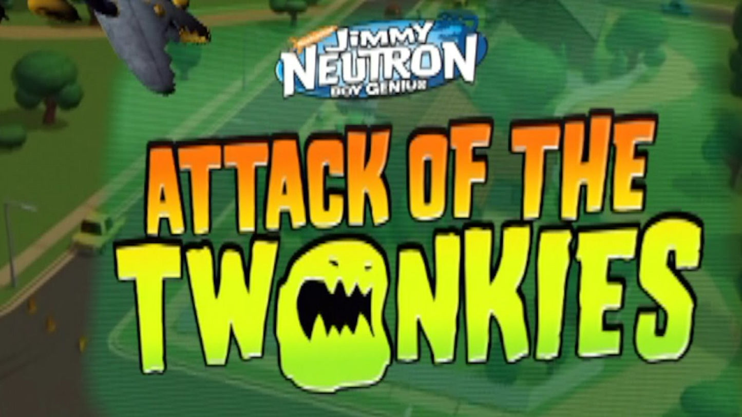 The Adventures of Jimmy Neutron Boy Genius Attack of the Twonkies PlayStation 2 action-adventure platformer video game based on the animated movie snow planet Twonkies creatures Jimmy Sheen Cindy Carl battling collecting THQ Nickelodeon license main menu title screen