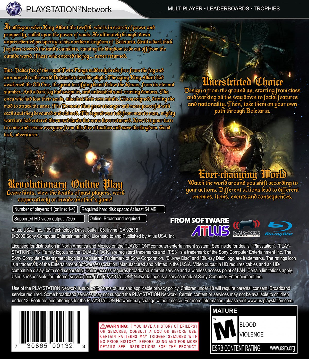 Demon’s Souls Greatest Hits PlayStation 3 PS3 video game featuring challenging action role playing gameplay dark fantasy world exploration brutal melee combat magic spells boss battles character customization soul collection mechanics atmospheric environments and classic FromSoftware gameplay retro video game collection collectible gaming appeal back cover art