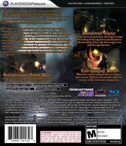 Demon’s Souls Greatest Hits PlayStation 3 PS3 video game featuring challenging action role playing gameplay dark fantasy world exploration brutal melee combat magic spells boss battles character customization soul collection mechanics atmospheric environments and classic FromSoftware gameplay retro video game collection collectible gaming appeal back cover art