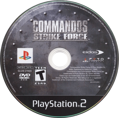 Commandos Strike Force PlayStation 2 PS2 for tactical first person shooter video game fans featuring World War II missions stealth gameplay elite commando squad strategic objectives sniper action espionage infiltration cooperative style squad mechanics immersive military campaign collectible gaming appeal disc