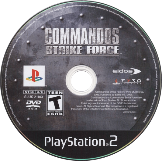Commandos Strike Force PlayStation 2 PS2 for tactical first person shooter video game fans featuring World War II missions stealth gameplay elite commando squad strategic objectives sniper action espionage infiltration cooperative style squad mechanics immersive military campaign collectible gaming appeal disc
