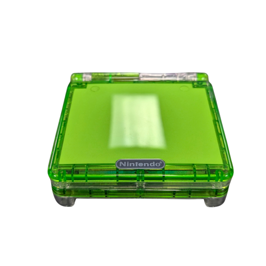 Game Boy Advance SP GBA SP handheld console custom green shell replacement clamshell design backlit screen rechargeable battery Nintendo portable retro gaming front top
