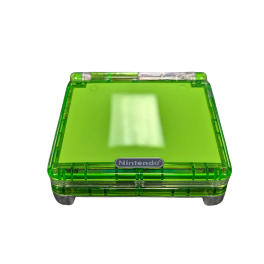 Game Boy Advance SP GBA SP handheld console custom green shell replacement clamshell design backlit screen rechargeable battery Nintendo portable retro gaming front top