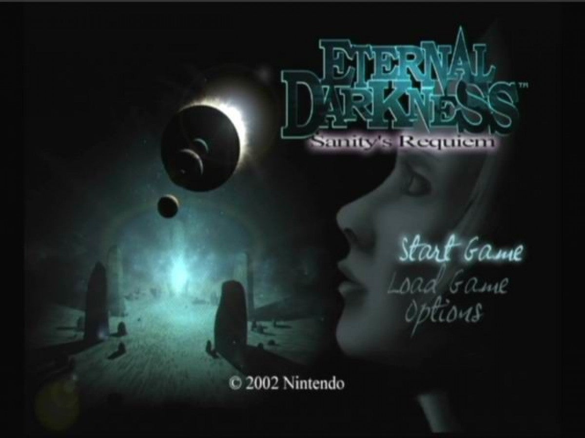Eternal Darkness Sanity’s Requiem GameCube Nintendo GameCube survival horror psychological horror game sanity effects sanity meter mechanic sanity hallucinations fourth wall tricks ancient evil storyline Lovecraft inspired atmosphere Silicon Knights retro gaming GameCube software video game title start screen