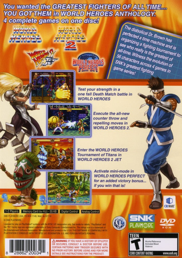 World Heroes Anthology – PlayStation 2 (PS2) video game back of case, fighting.