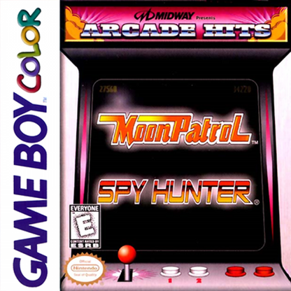 Arcade Hits: Moon Patrol and Spy Hunter Nintendo Game Boy Color GBC for arcade action racing shooter retro video game fans featuring side scrolling vehicle combat high speed driving classic arcade gameplay military missions retro challenges collectible gaming appeal front cover art