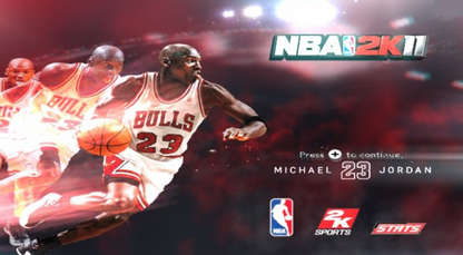 NBA 2K11 Wii inspired design featuring realistic basketball simulation aesthetic legendary NBA teams and players fast paced court action championship competition motion controlled gameplay authentic arena atmosphere sports gaming nostalgia presentation start screen
