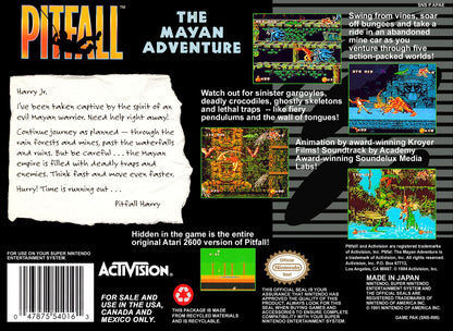 Pitfall The Mayan Adventure retro SNES video game Pitfall jungle platform adventure action gameplay treasure hunting side scrolling classic platformer console title Super Nintendo release back of case