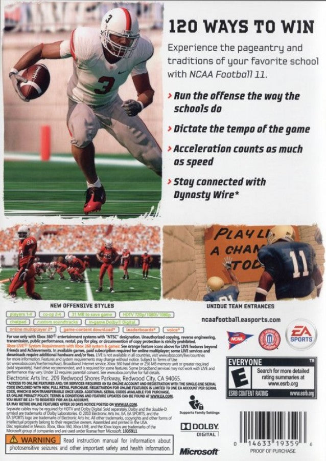 NCAA Football 11 back of box for Xbox 360 (X360) college football sports video game