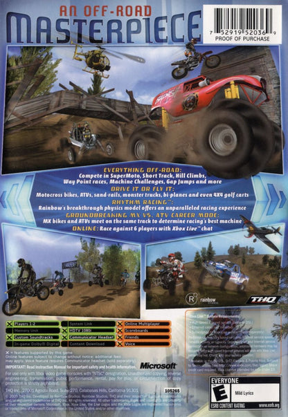 MX vs ATV Unleashed Xbox for off road racing video game fans featuring motocross and ATV competition freestyle tricks massive outdoor tracks career mode multiplayer racing realistic physics vehicle customization extreme sports action collectible gaming appeal back cover art