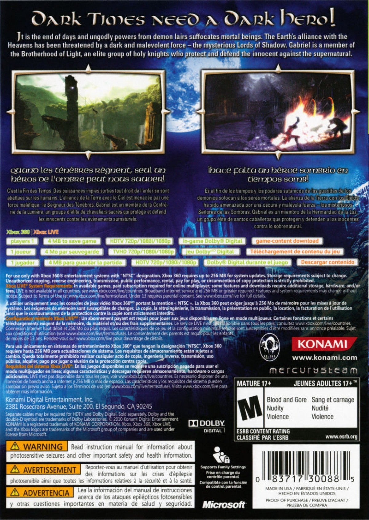 Castlevania Lords of Shadow for Xbox 360 action adventure video game featuring epic gothic storytelling cinematic combat dark fantasy environments and iconic Konami vampire hunting franchise experience back cover