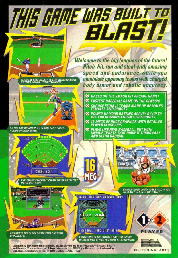 Super Baseball 2020 back cover art for Sega Genesis (GEN) video game