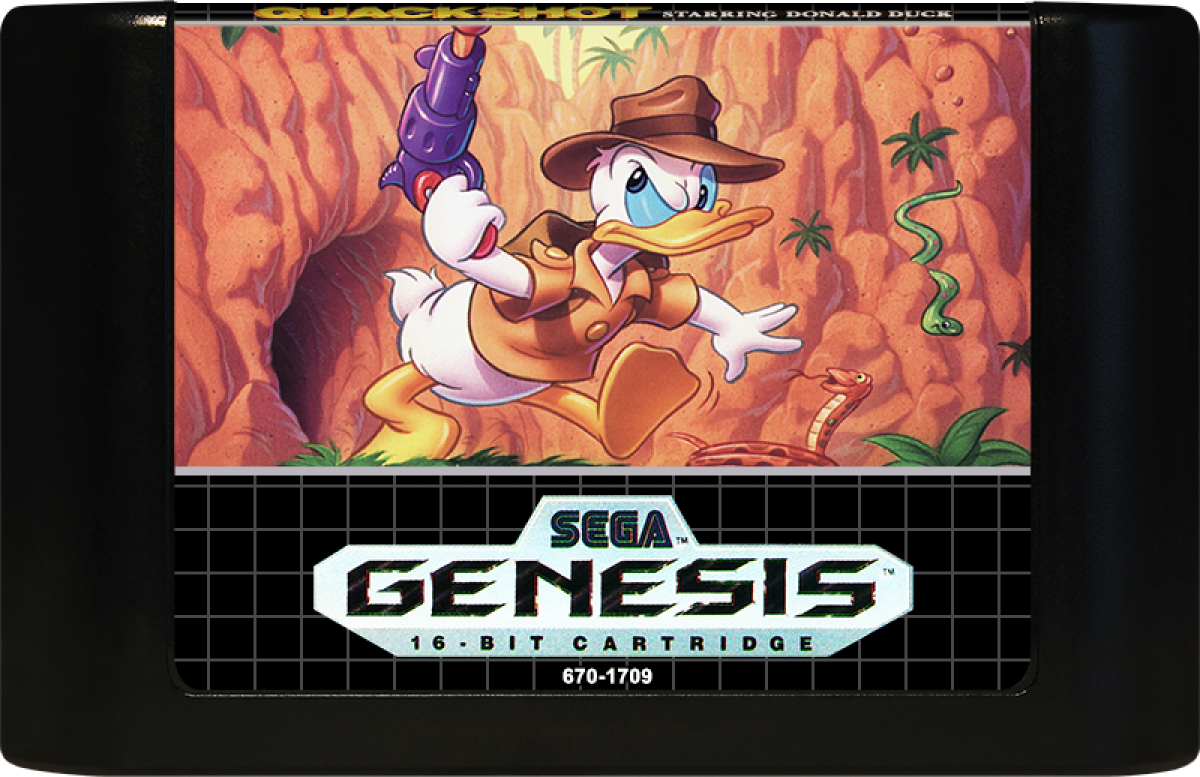 QuackShot Starring Donald Duck Sega Genesis GEN video game featuring action platforming gameplay Donald Duck treasure hunting adventure globe trotting exploration exotic locations puzzle solving plungers as weapons hidden treasures enemy encounters colorful Disney characters and classic 16 bit Sega gameplay retro video game collection collectible gaming appeal game cartridge