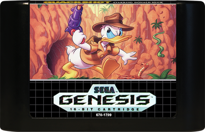 QuackShot Starring Donald Duck Sega Genesis GEN video game featuring action platforming gameplay Donald Duck treasure hunting adventure globe trotting exploration exotic locations puzzle solving plungers as weapons hidden treasures enemy encounters colorful Disney characters and classic 16 bit Sega gameplay retro video game collection collectible gaming appeal game cartridge
