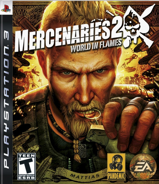 Mercenaries 2 World in Flames PlayStation 3 PS3 video game, open-world action shooter, destructible environments, military sandbox gameplay front cover