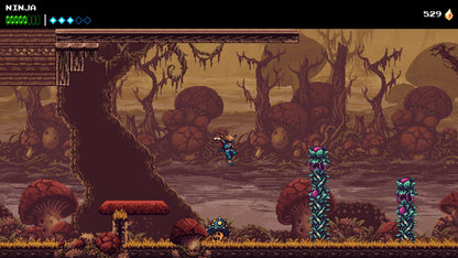 The Messenger Nintendo Switch inspired design featuring ninja action platform adventure aesthetic time traveling storyline pixel art visuals challenging combat acrobatic movement retro inspired gameplay interconnected world exploration presentation gameplay