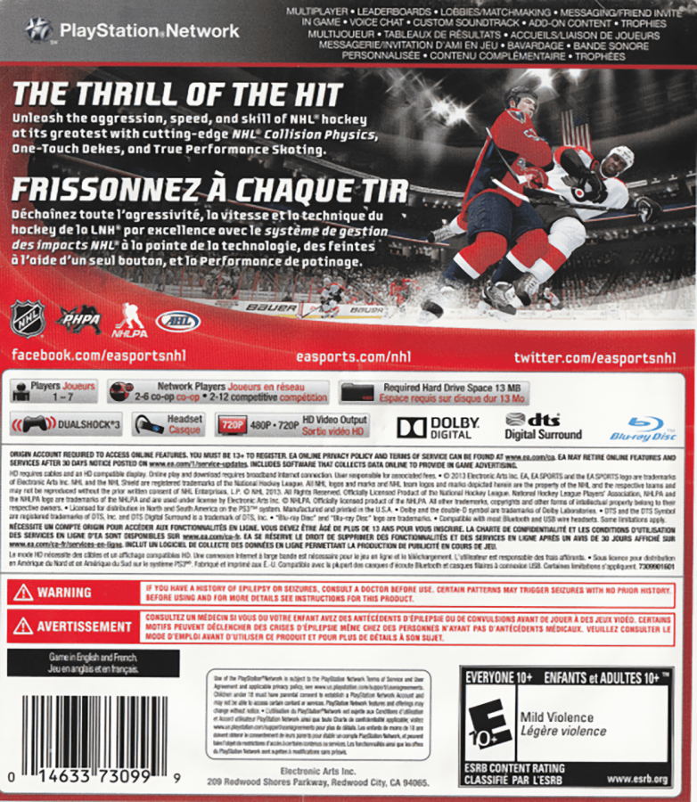 NHL 14 back cover art for PlayStation 3 PS3 video game