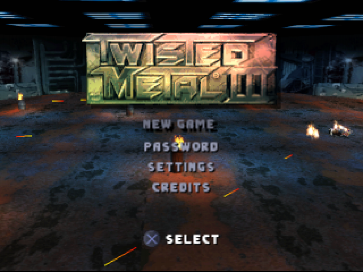 Twisted Metal III title screen for PlayStation 1 (PS1) racing video game.