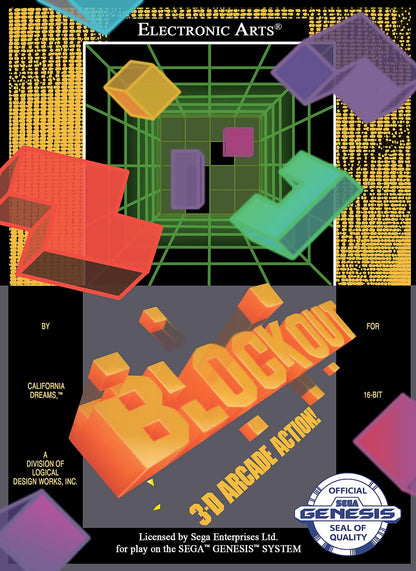 Blockout Sega Genesis Blockout 3D puzzle game falling blocks arcade style spatial puzzle gameplay retro 90s puzzle title classic Genesis game cover art