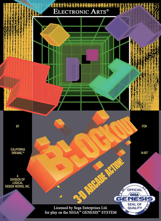 Blockout Sega Genesis Blockout 3D puzzle game falling blocks arcade style spatial puzzle gameplay retro 90s puzzle title classic Genesis game cover art