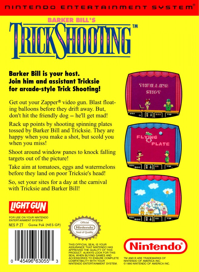 Barker Bill's Trick Shooting Nintendo Entertainment System NES video game featuring shooting gallery gameplay target shooting mini games carnival challenges light gun action cartoon characters and classic 8 bit gameplay retro video game collection collectible gaming appeal back cover art