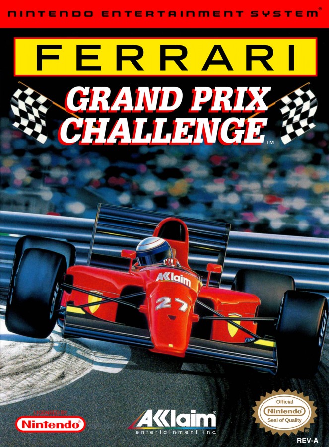 Ferrari Grand Prix Challenge retro NES video game Ferrari Grand Prix Challenge Formula 1 racing simulation high speed competition arcade gameplay classic racing console title Nintendo Entertainment System release cover art