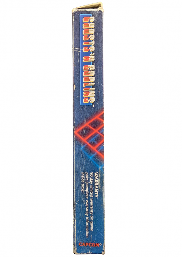 Ghosts n Goblins Nintendo Entertainment System NES video game featuring action platforming gameplay Arthur knight adventure monster battles haunted environments weapon attacks challenging levels boss fights and classic 8 bit Nintendo gameplay retro video game collection collectible gaming appeal right side box