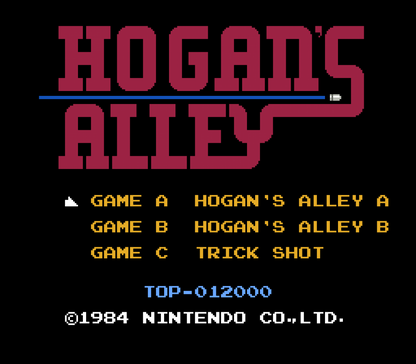 Hogan's Alley 5 Screw Nintendo Entertainment System NES video game featuring light gun shooting gameplay target practice wild west shooting gallery gangster and civilian targets quick reflex challenges classic 8 bit Nintendo action retro video game collection collectible gaming appeal start screen