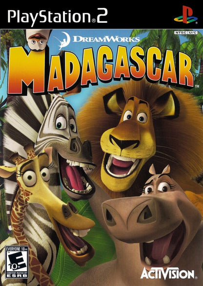 Retro Madagascar PS2 inspired design featuring colorful animated adventure aesthetic vintage PlayStation 2 movie based gameplay zoo animals wild jungle exploration cartoon platforming family friendly action nostalgic DreamWorks gaming presentation - cover art