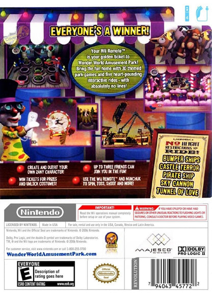 Wonder World Amusement Park back cover art for Nintendo Wii (Wii) featuring carnival‑style mini‑games, colorful rides, and family‑friendly attractions in a whimsical theme park setting.