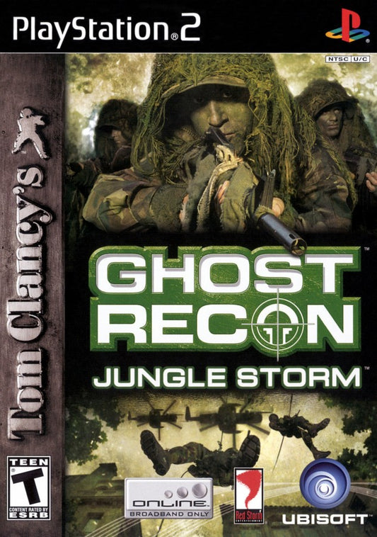 Tom Clancy's Ghost Recon Jungle Storm PlayStation 2 PS2 for tactical military shooter video game fans featuring elite special forces missions stealth based combat squad commands realistic weapons jungle environments strategic planning multiplayer battles immersive military operations collectible gaming appeal front cover art