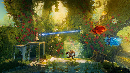 Trine 4 Nintendo Switch inspired design featuring fantasy puzzle platform adventure aesthetic magical heroes cooperative gameplay enchanting worlds physics based challenges vibrant storybook environments whimsical action exploration presentation gameplay