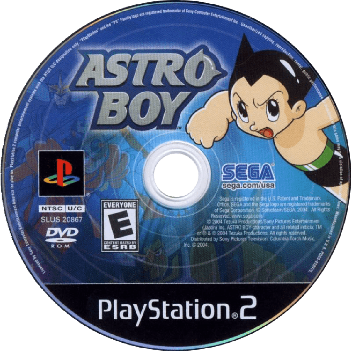 Astro Boy disc for the PlayStation 2 featuring action platforming gameplay based on the classic manga and anime with flight combat robot abilities and story driven missions starring Astro Boy (Atom) fighting enemies and saving the future disc 