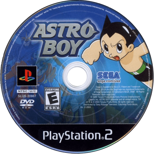 Astro Boy disc for the PlayStation 2 featuring action platforming gameplay based on the classic manga and anime with flight combat robot abilities and story driven missions starring Astro Boy (Atom) fighting enemies and saving the future disc 