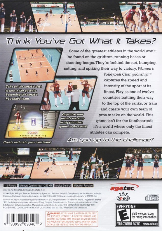Women's Volleyball Championship – PlayStation 2 (PS2) video game back of case, volleyball simulation.