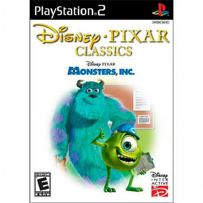 Monsters, Inc. disc for the PlayStation 2 featuring platforming and mini game style gameplay based on the Pixar film with story driven levels as Mike and Sulley navigate Monstropolis and collect energy through humorous monster themed challenges front cover 