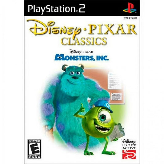 Monsters, Inc. disc for the PlayStation 2 featuring platforming and mini game style gameplay based on the Pixar film with story driven levels as Mike and Sulley navigate Monstropolis and collect energy through humorous monster themed challenges front cover 
