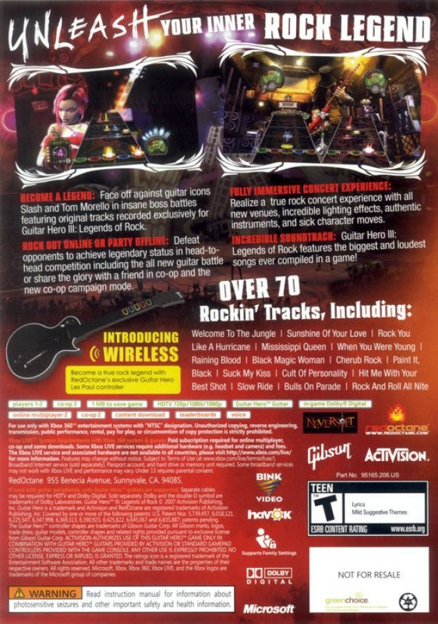 Guitar Hero III: Legends of Rock back of case Xbox 360 (X360) music rhythm video game