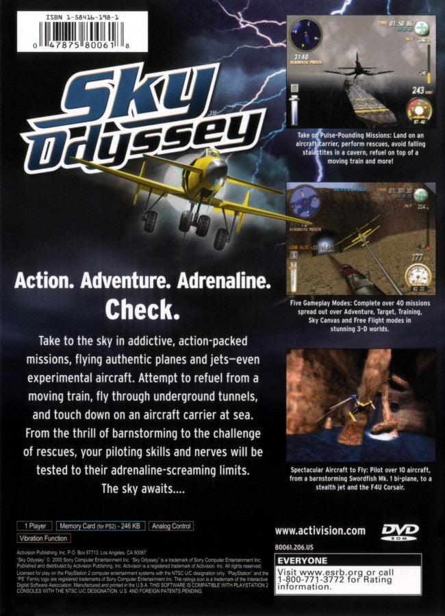 Sky Odyssey PS2 PlayStation 2 flight adventure simulation game retro video game back of case