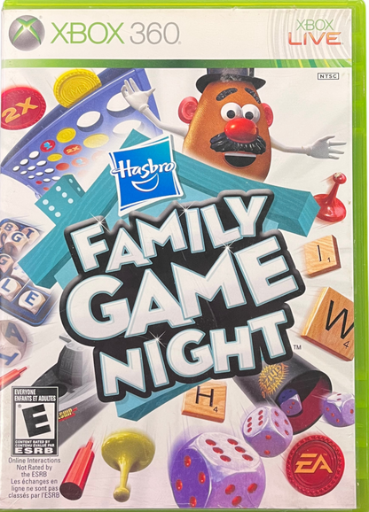 Hasbro Family Game Night Xbox 360 inspired design featuring classic board game collection aesthetic family friendly multiplayer fun digital tabletop entertainment colorful party gameplay iconic Hasbro favorites casual gaming nostalgia presentation cover art 