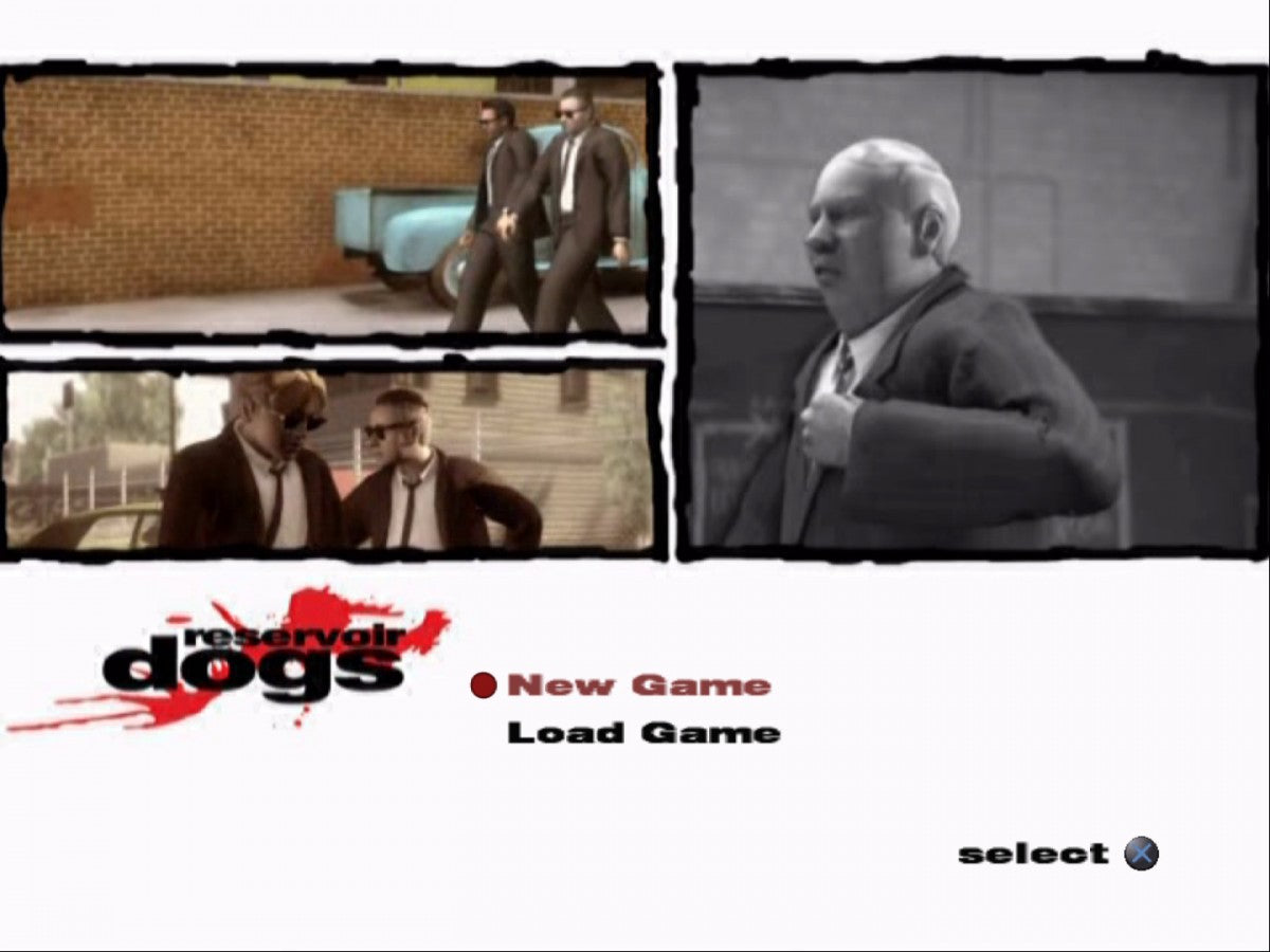 Reservoir Dogs PlayStation 2 third-person shooter action video game based on Quentin Tarantino film heist narrative tactical gameplay interrogation sequences driving levels non-linear storytelling Eidos interactive movie license gritty crime drama main menu game select