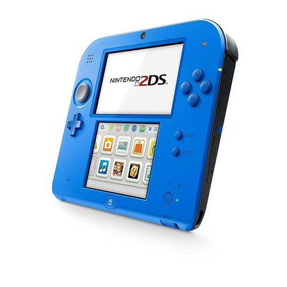 Nintendo 2DS Electric Blue System inspired design featuring handheld gaming console aesthetic vibrant blue clamshell free form slate design dual screen portable gameplay colorful Nintendo hardware family friendly gaming experience and classic handheld entertainment presentation front side on 
