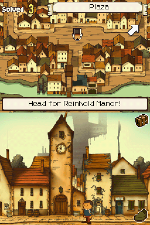 Professor Layton and the Curious Village game for the Nintendo DS featuring puzzle adventure gameplay with brain teasers riddles and story driven exploration as Professor Layton and Luke investigate mysteries in a charming European style village gameplay 