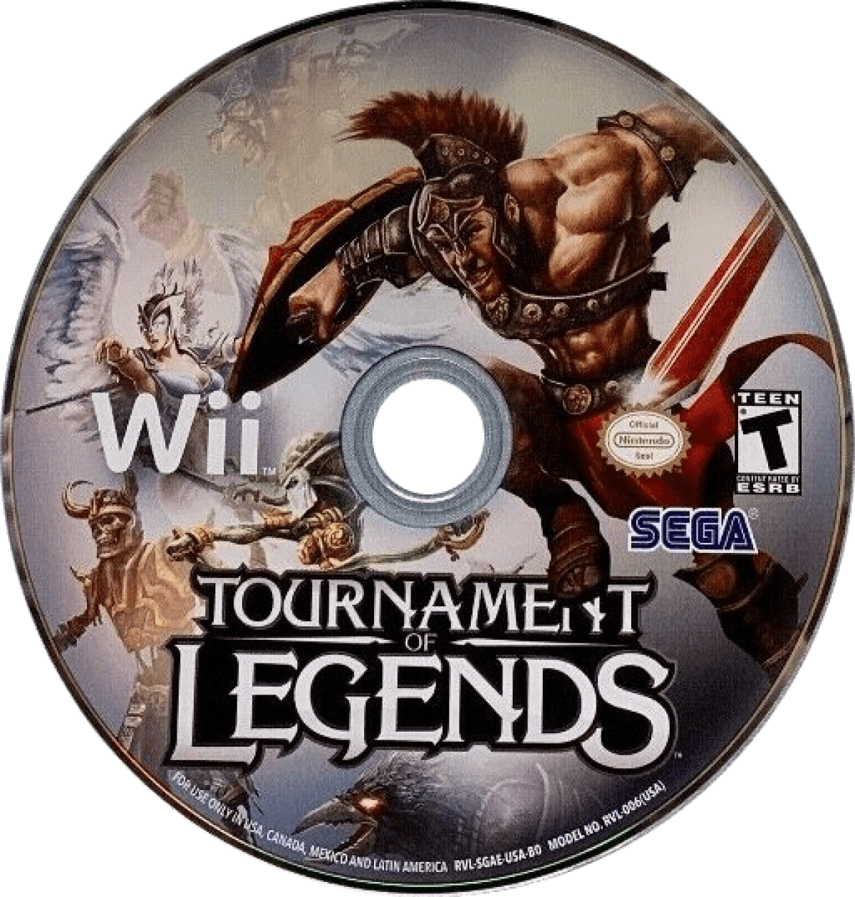 Tournament of Legends disc art for Nintendo Wii (Wii) featuring mythological 3D arena battles with motion‑controlled weapons, magical attacks, and legendary warriors.