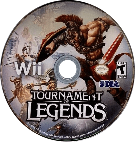 Tournament of Legends disc art for Nintendo Wii (Wii) featuring mythological 3D arena battles with motion‑controlled weapons, magical attacks, and legendary warriors.