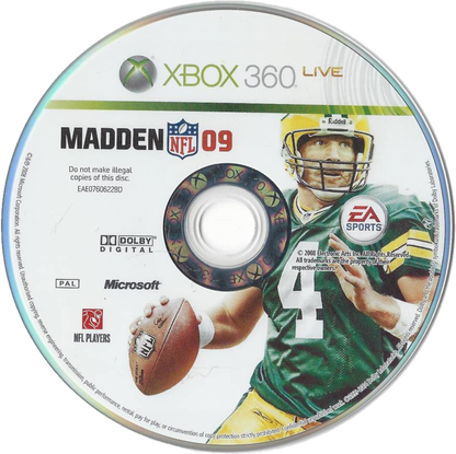 Madden NFL 2009 Xbox 360 video game, American football sports simulation, realistic gameplay, franchise and multiplayer modes, console title disc