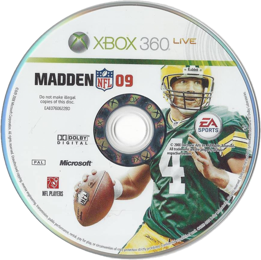 Madden NFL 2009 Xbox 360 video game, American football sports simulation, realistic gameplay, franchise and multiplayer modes, console title disc