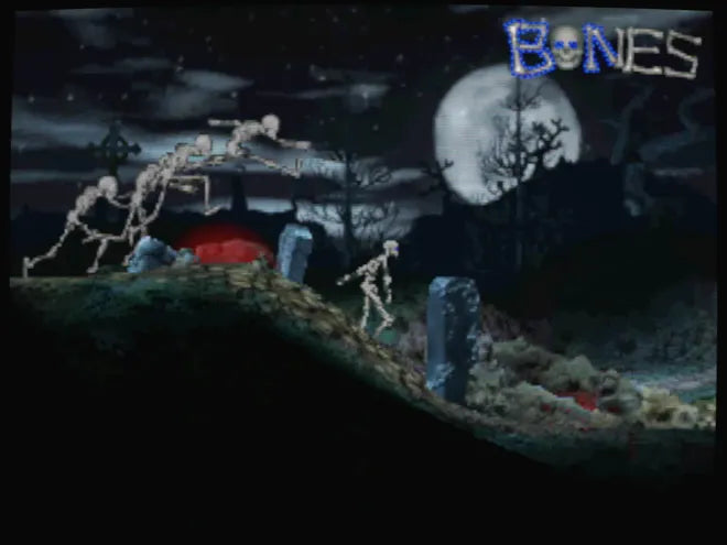 Mr Bones Sega Saturn action adventure rhythm game quirky animated skeleton protagonist side scrolling combat music based gameplay hand drawn animation surreal humor Sega experimental classic retro gaming Sega Saturn software video game title gameplay